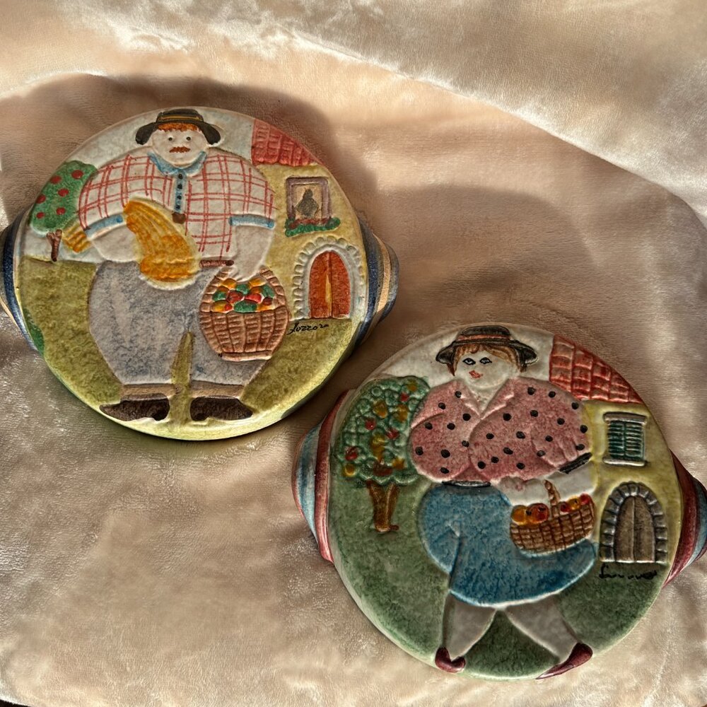 Whimsical Italian Ceramic Folk Art Wall Hangings Decor Signed  Rare Set VTG